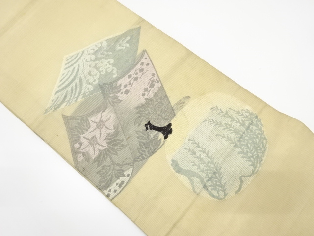 アンティーク　絽紗　読み本に草花・団扇模様織り出し丸帯（材料）